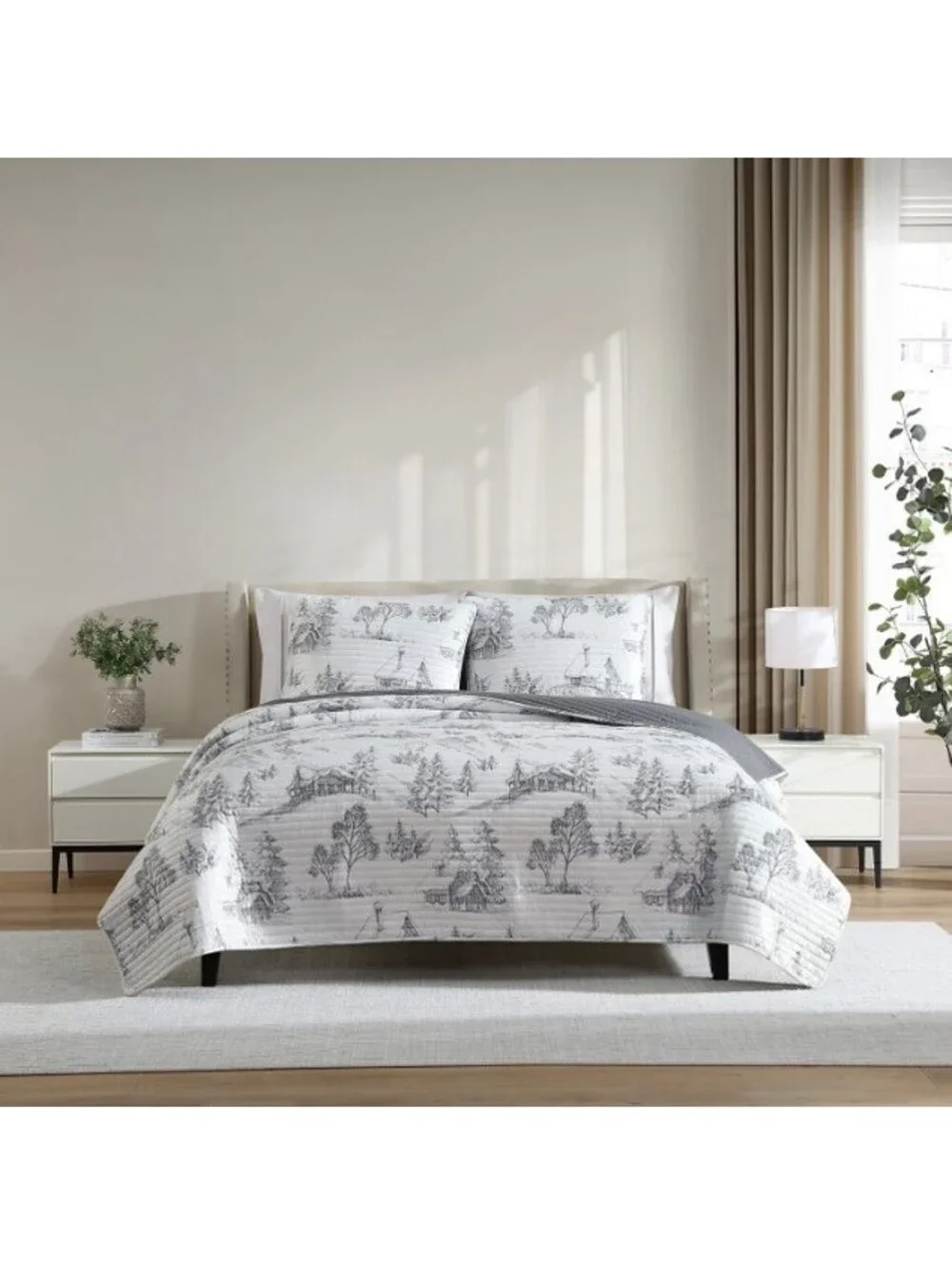 Lenox 3-Piece Quilt Set (Winter Scene Gray / White) FULL/QUEEN